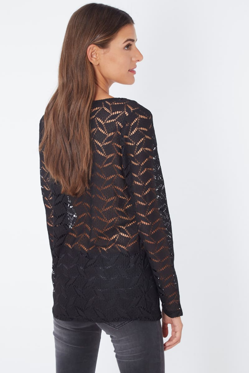 Blusa encaje mujer, top elegante, manga larga, tejido translúcido, modelo moderno, estilo sofisticado, color negro, talla 38, ideal looks urbanos, casuales, oficina, noche, versátil, cómodo, elegante ✅Entrega 24/48h