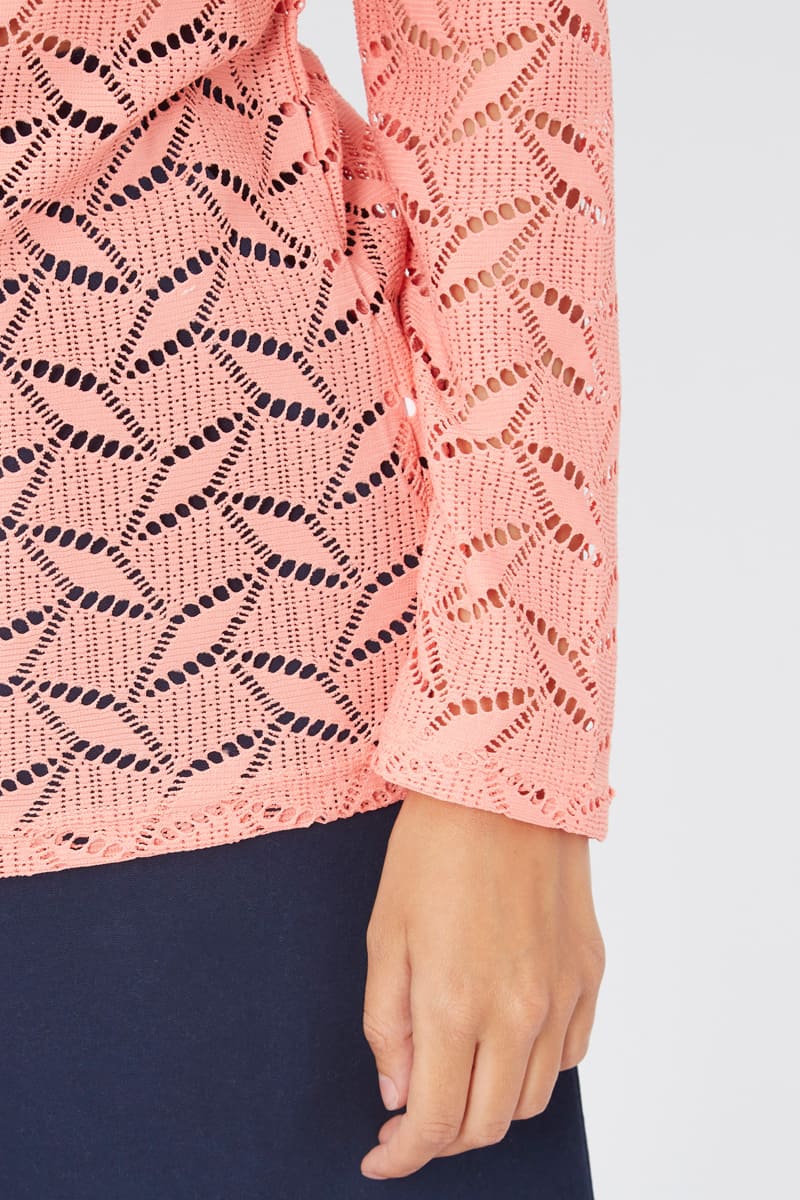 Blusa mujer encaje calado manga larga rosa, tejido suave sensación ligera, diseño cómodo elegante outfit versátil, ideal oficina evento urbano, talla 38, disponible más colores, estilo femenino primavera-verano ✅Entrega 24/48h