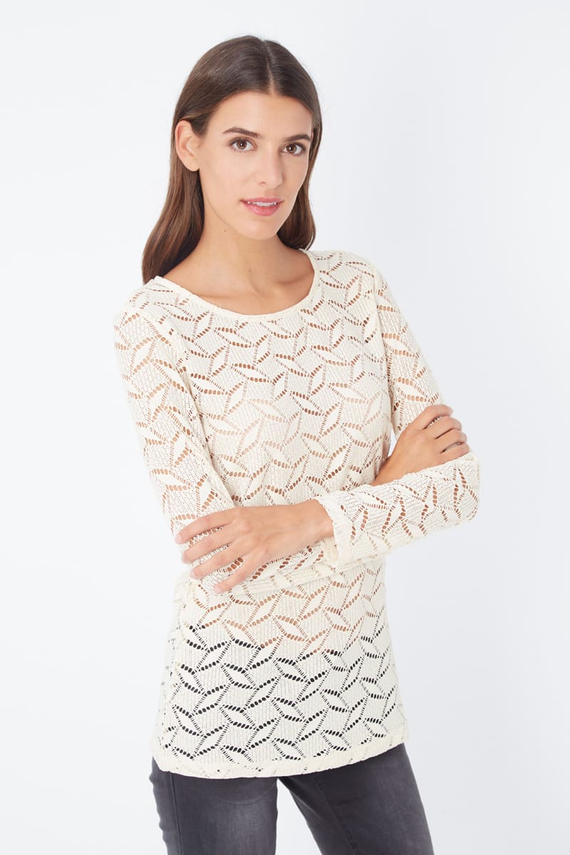 Blusa encaje, camisa calada, manga larga, diseño elegante, estilo femenino, tejido ligero, ideal primavera, combina con jeans o faldas, talla 38, color marfil, versátil, sofisticada ✅Entrega 24/48h