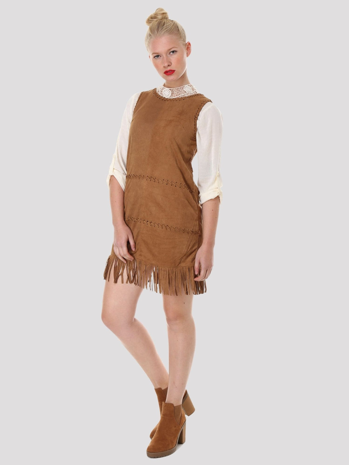Vestido mujer boho ante, dress sin mangas, flecos, corte recto, cuello redondo, marrón camel, suave, cómodo, versátil, talla 38, ideal urbano, estilo bohemio, ✅Entrega 24/48h