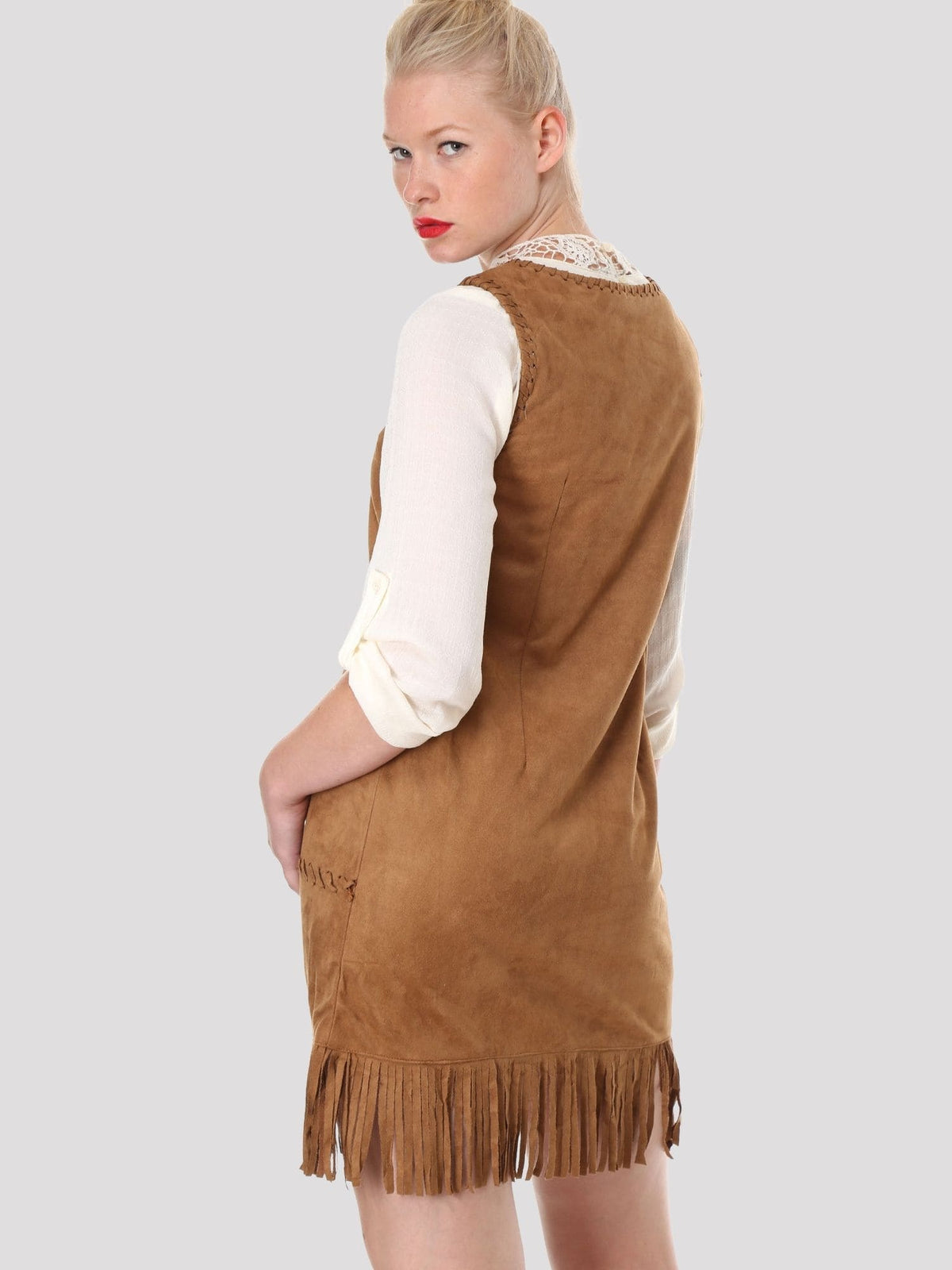 Vestido mujer boho ante, dress sin mangas, flecos, corte recto, cuello redondo, marrón camel, suave, cómodo, versátil, talla 38, ideal urbano, estilo bohemio, ✅Entrega 24/48h