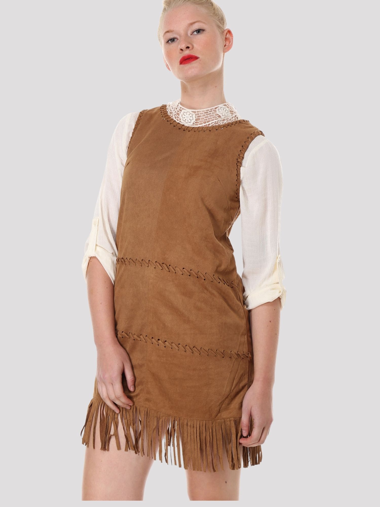 Vestido mujer boho ante, dress sin mangas, flecos, corte recto, cuello redondo, marrón camel, suave, cómodo, versátil, talla 38, ideal urbano, estilo bohemio, ✅Entrega 24/48h