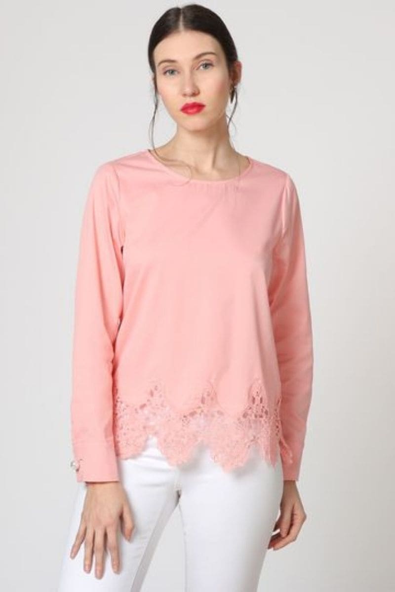 Blusa mujer manga larga encaje, shirt, top, diseño delicado, elegante, textura suave, corte recto, estilo versátil, color rosa pastel, talla 38, ideal urbano oficina, cómodo elegante femenino ✅Entrega 24/48h