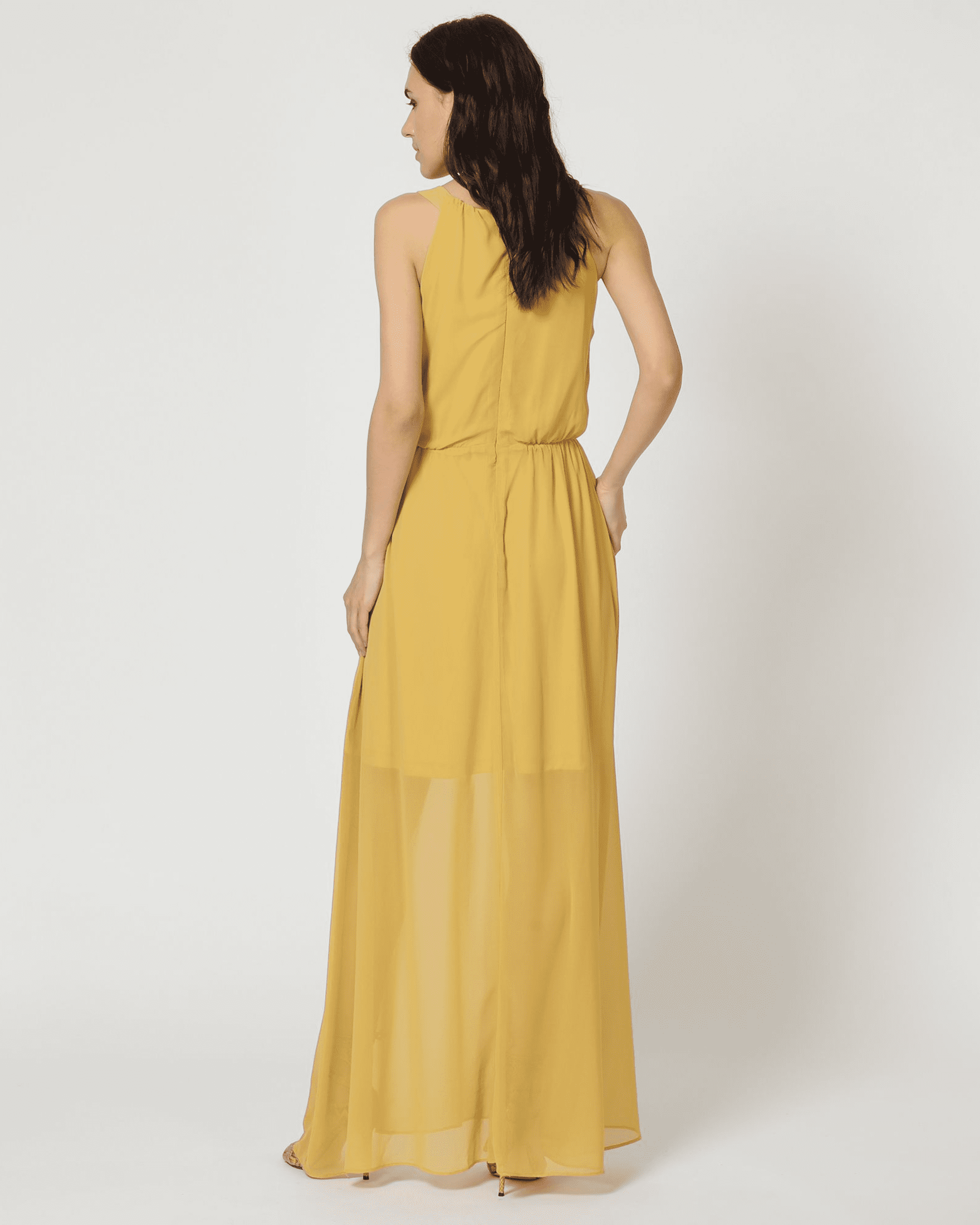 Vestido largo mujer, dress, outfit, modelo LA-230069, diseño liso, fruncido cintura, tirantes anchos, cuello redondo, cierre invisible, color amarillo, talla 36, ideal verano, elegante, cómodo, versátil ✅Entrega 24/48h