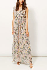 Vestido largo mujer dress outfit estampado floral escote pico tirante ancho fruncido cintura forro interior cremallera espalda V elegante versátil talla 38 cómodo Beige ✅Entrega 24/48h
