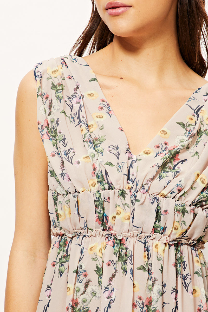 Vestido largo mujer dress outfit estampado floral escote pico tirante ancho fruncido cintura forro interior cremallera espalda V elegante versátil talla 38 cómodo Beige ✅Entrega 24/48h