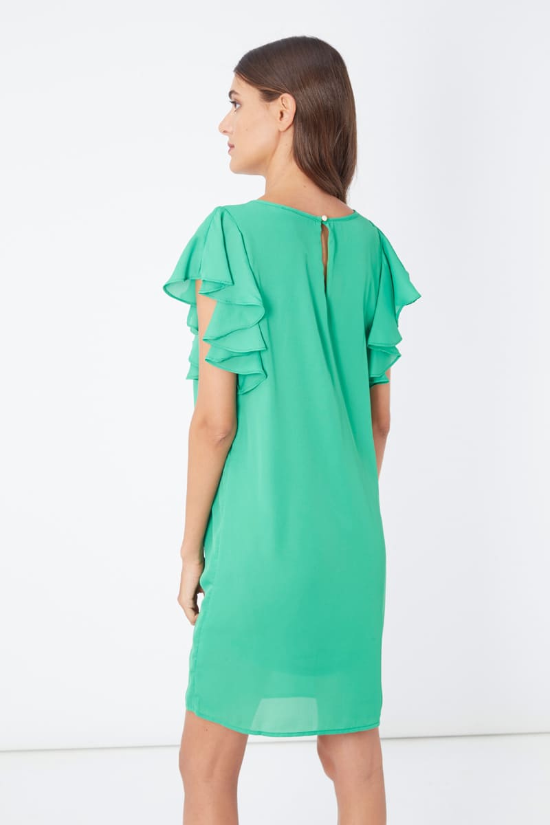 Vestido dress outfit recto manga corta volantes La Morena LA-230078 bordado fantasía y animales cuello redondo forro integrado cierre botón talla 38 fresco cómodo mujer casual fiesta primavera verano verde ✅Entrega 24/48h