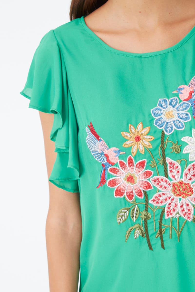 Vestido dress outfit recto manga corta volantes La Morena LA-230078 bordado fantasía y animales cuello redondo forro integrado cierre botón talla 38 fresco cómodo mujer casual fiesta primavera verano verde ✅Entrega 24/48h