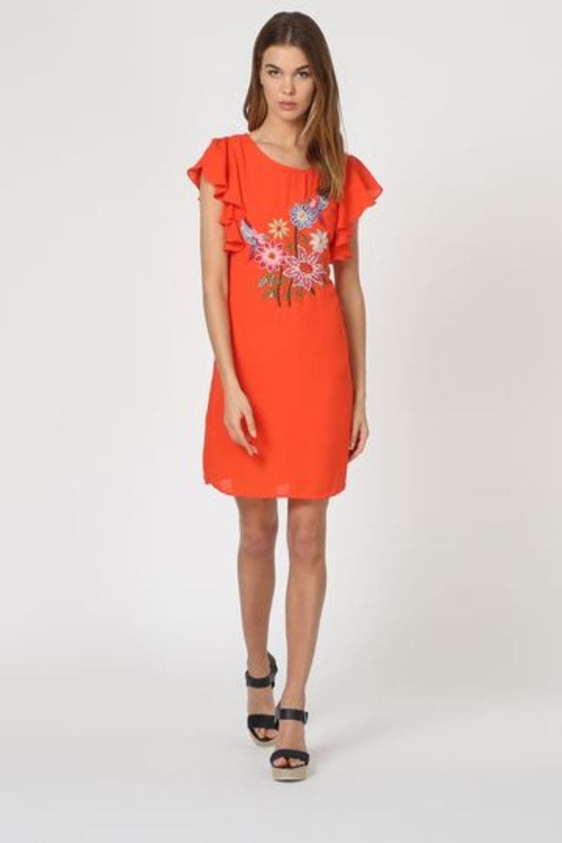 Vestido recto mujer outfit dress La Morena bordado flores y animales forro manga corta volantes cuello redondo naranja talla 38, elegante cómodo versátil verano ✅Entrega 24/48h