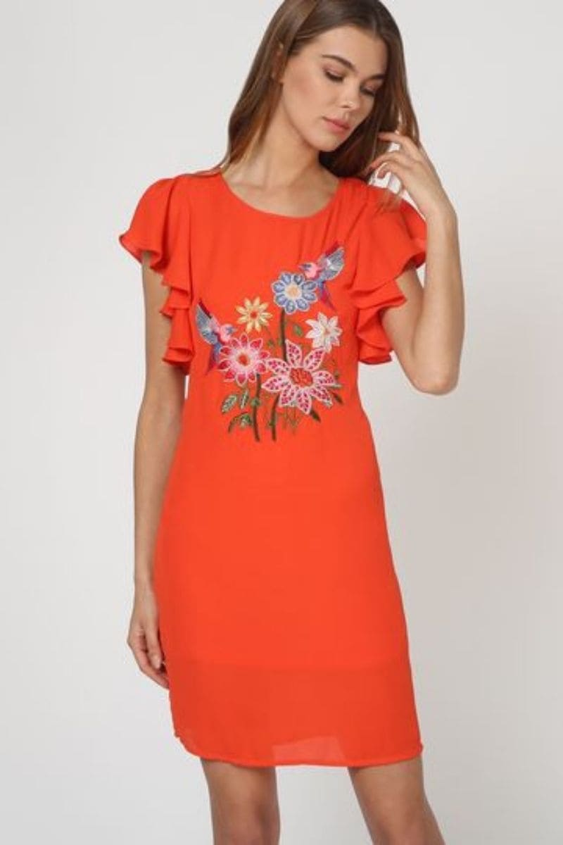 Vestido recto mujer outfit dress La Morena bordado flores y animales forro manga corta volantes cuello redondo naranja talla 38, elegante cómodo versátil verano ✅Entrega 24/48h