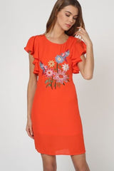Vestido recto mujer outfit dress La Morena bordado flores y animales forro manga corta volantes cuello redondo naranja talla 38, elegante cómodo versátil verano ✅Entrega 24/48h