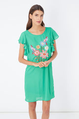 Vestido dress outfit recto manga corta volantes La Morena LA-230078 bordado fantasía y animales cuello redondo forro integrado cierre botón talla 38 fresco cómodo mujer casual fiesta primavera verano verde ✅Entrega 24/48h