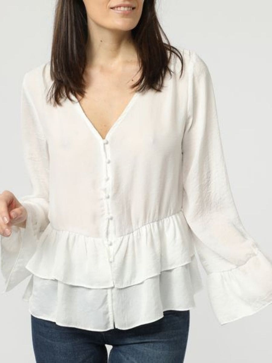 Blusa mujer elegante satín lisa volantes manga larga cuello pico, cierre botones, moda femenina versátil cómoda, talla 38, outfit casual vestir oficina blanca ✅Entrega 24/48h