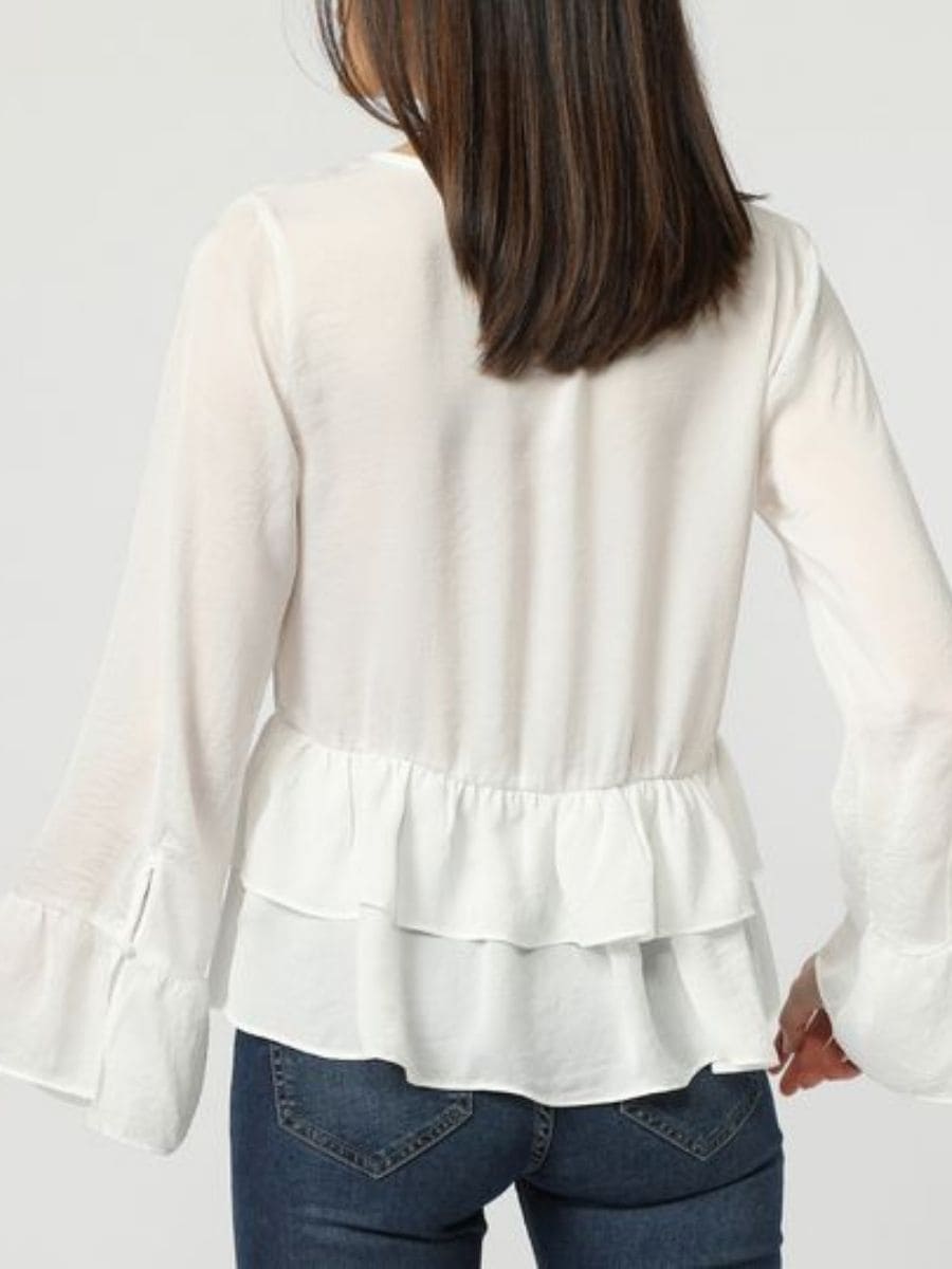 Blusa mujer elegante satín lisa volantes manga larga cuello pico, cierre botones, moda femenina versátil cómoda, talla 38, outfit casual vestir oficina blanca ✅Entrega 24/48h