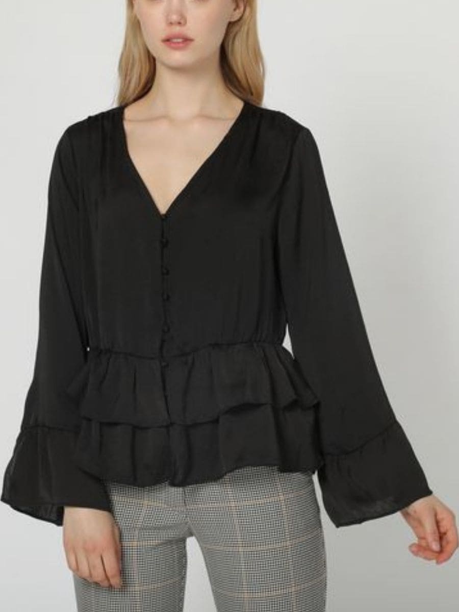 Blusa mujer, top elegante, acabado satinado, cuello pico, manga larga, volantes, cierre botones, modelo LA-230110, talla 38, perfecta oficina evento casual, color negro, fácil combinar ✅Entrega 24/48h