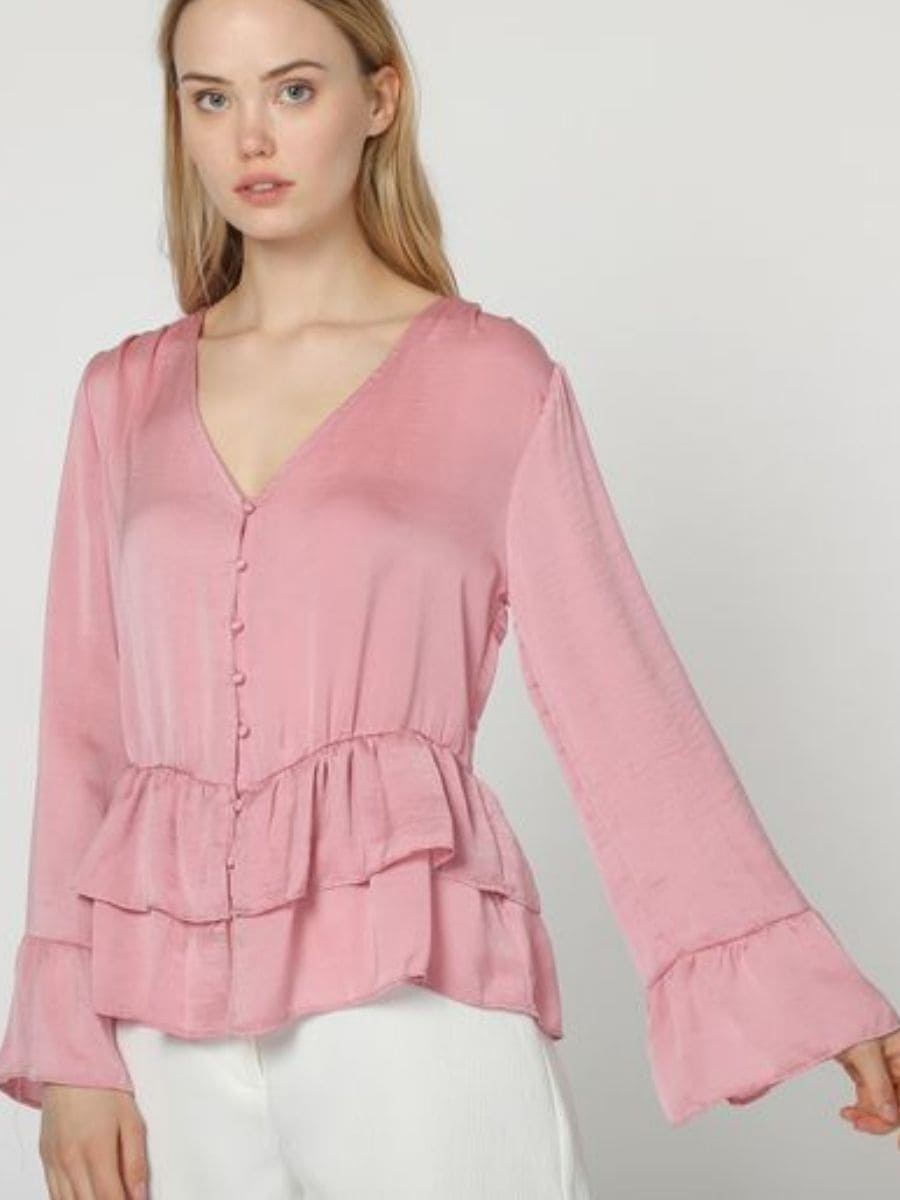 Blusa satinada mujer, camisa elegante, cuello pico, manga larga, botones delanteros, volantes, tejido poliéster, color rosa, talla 38, look sofisticado, cómoda y versátil ✅Entrega 24/48h