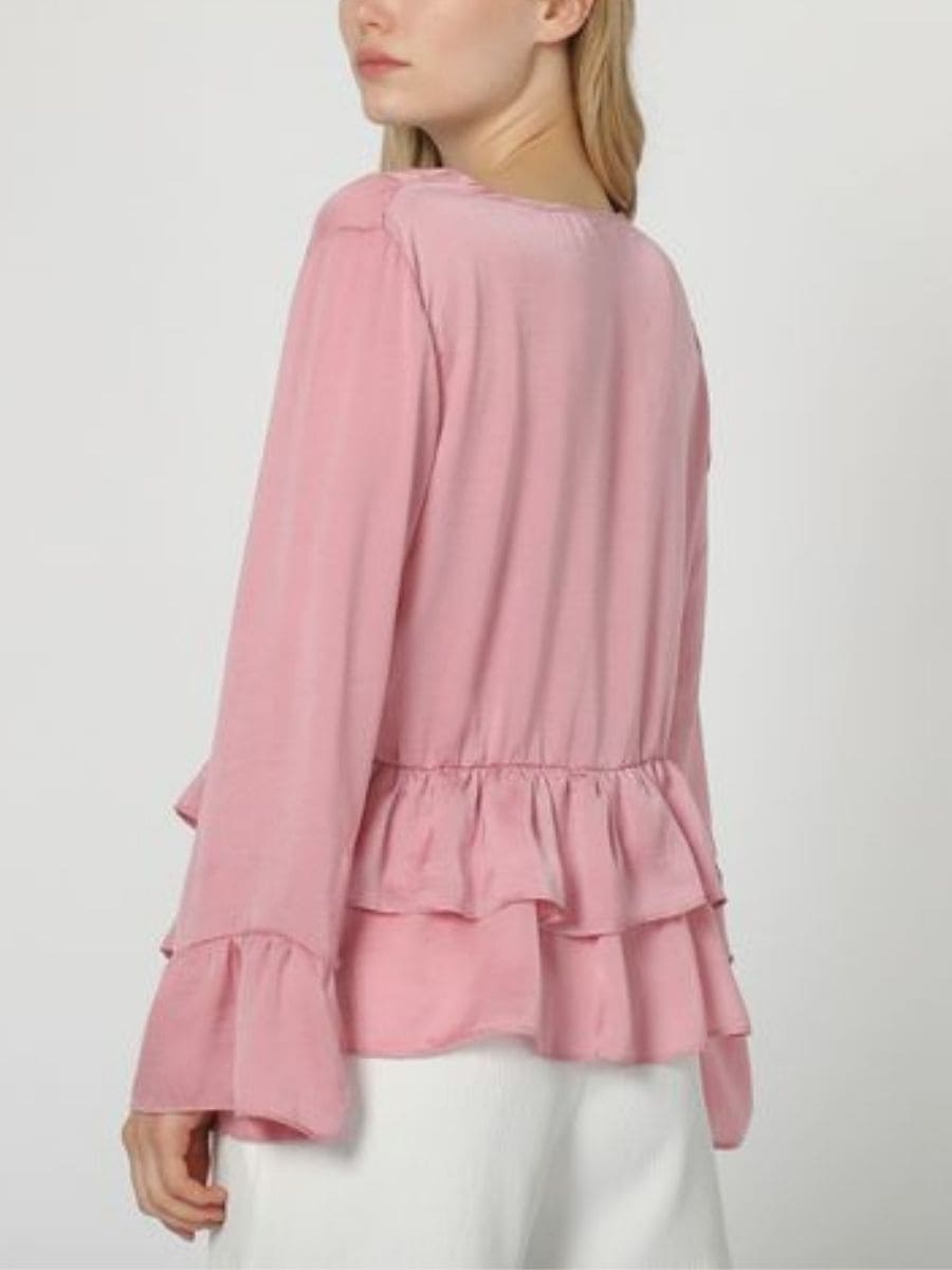 Blusa satinada mujer, camisa elegante, cuello pico, manga larga, botones delanteros, volantes, tejido poliéster, color rosa, talla 38, look sofisticado, cómoda y versátil ✅Entrega 24/48h