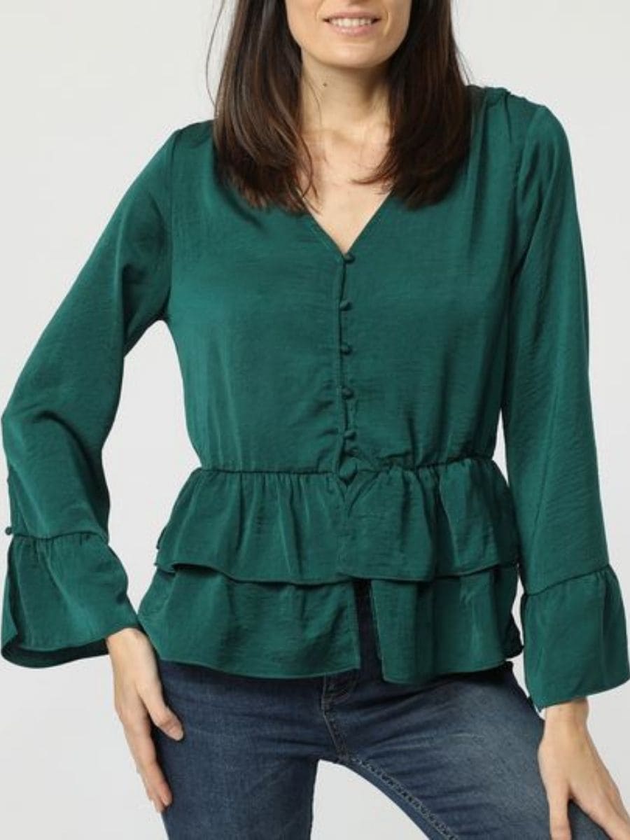 Blusa mujer, top satinado, diseño liso, cuello pico, manga larga, tejido suave, cierre botones, volantes, ideal outfit elegante talla 38, color verde ✅Entrega 24/48h