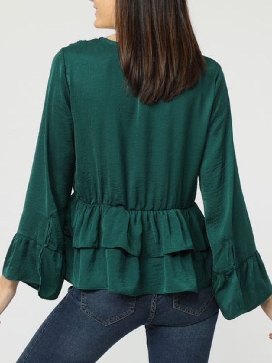 Blusa mujer, top satinado, diseño liso, cuello pico, manga larga, tejido suave, cierre botones, volantes, ideal outfit elegante talla 38, color verde ✅Entrega 24/48h