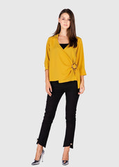 Blusa cruzada mujer, camisa elegante, manga 3/4, cuello camisero, detalle broche, corte regular, estilo moderno y versátil, color amarillo, talla 38, ideal oficina o casual ✅Entrega 24/48h