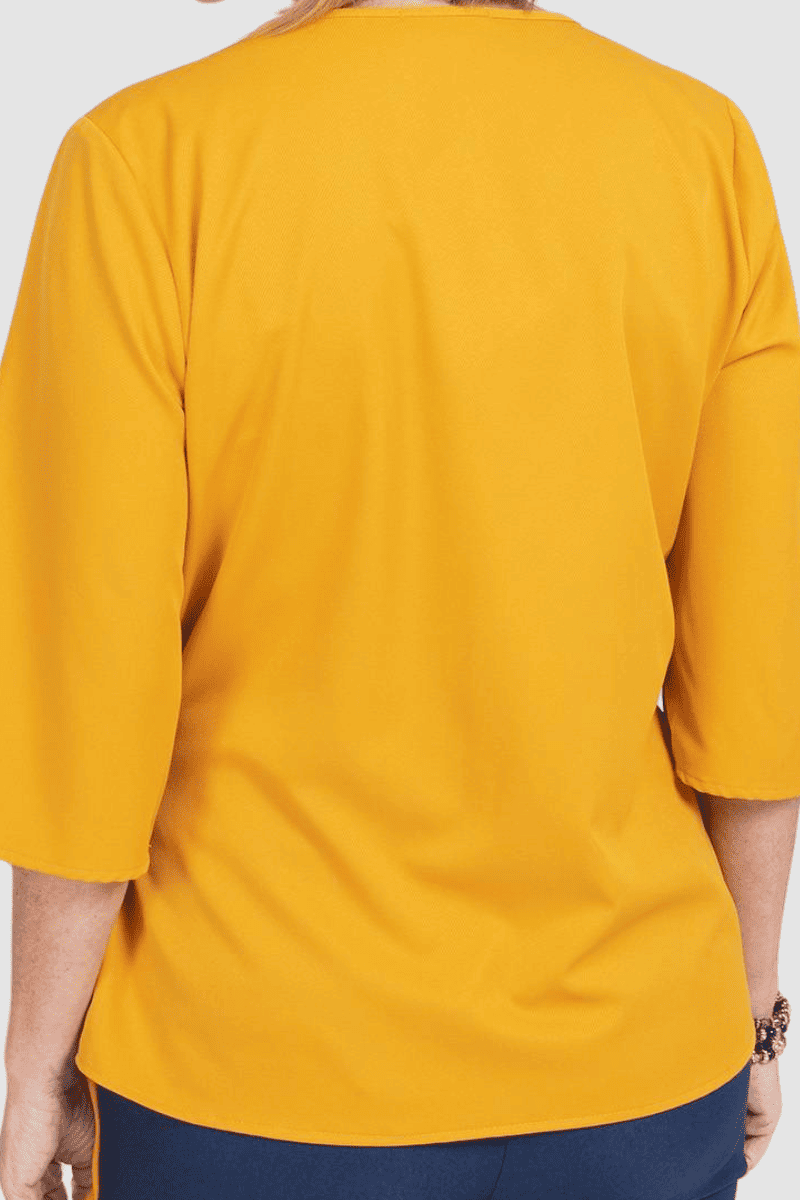 Blusa cruzada mujer, camisa elegante, manga 3/4, cuello camisero, detalle broche, corte regular, estilo moderno y versátil, color amarillo, talla 38, ideal oficina o casual ✅Entrega 24/48h