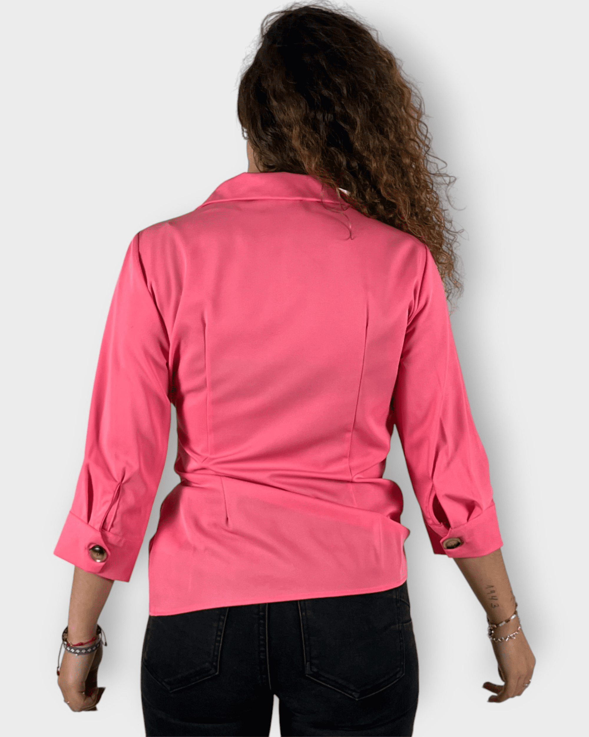 Blusa cruzada mujer, camisa satén, manga 3/4, escote en V, cuello camisero, broche lateral, elegante, cómoda, estilo moderno, poliéster, talla 38, color rosa, ideal cita y oficina ✅Entrega 24/48h