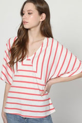 Top mujer rayas camiseta casual, blusa manga japonesa, escote pico algodón, corte holgado, fresca ligera, color blanco y rosa, talla 38, outfit cómodo versátil diario ✅Entrega 24/48h
