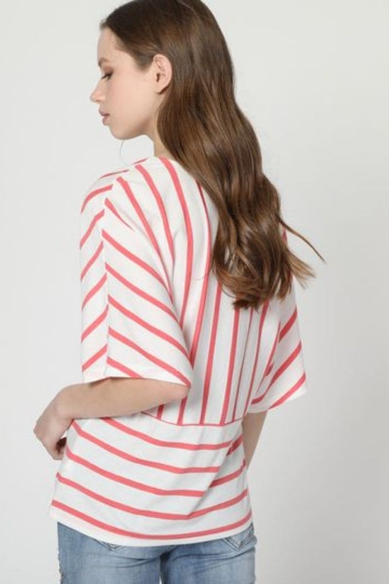 Top mujer rayas camiseta casual, blusa manga japonesa, escote pico algodón, corte holgado, fresca ligera, color blanco y rosa, talla 38, outfit cómodo versátil diario ✅Entrega 24/48h