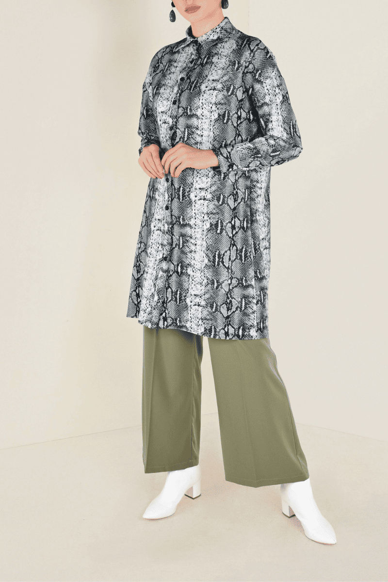 Blusa larga mujer tipo túnica satinado animal print serpiente gris cinturón lazo manga larga ligera cómoda versátil casual elegante talla 38 outfit urbano chic ✅Entrega 24/48h