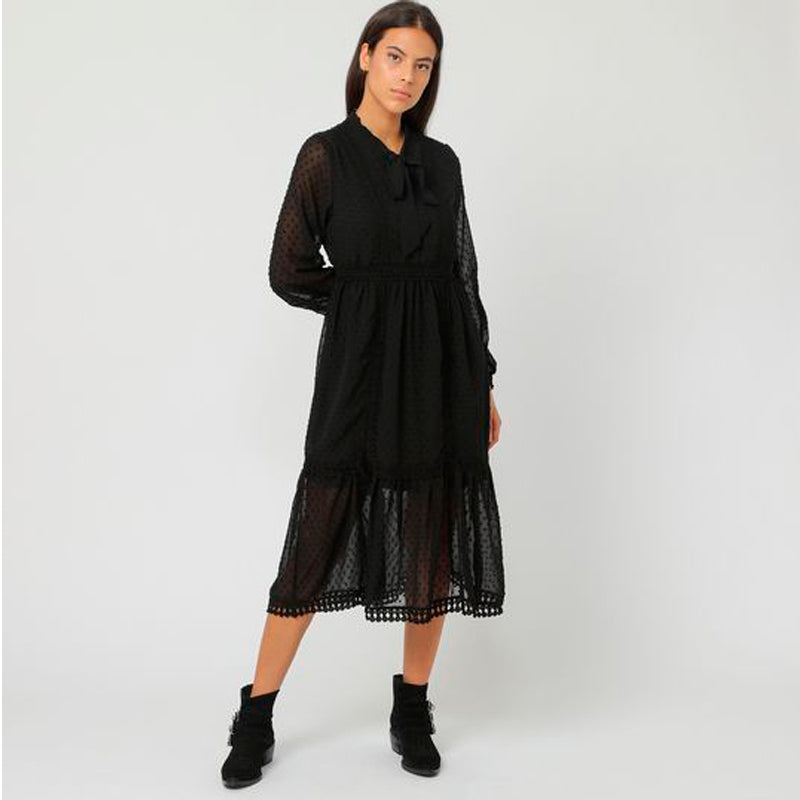 Vestido midi mujer dress outfit gasa transparencias lunares manga larga lazo escote elegante sofisticado ligero negro talla 38 ideal eventos citas urbano cómodo versátil distinguido ✅Entrega 24/48h