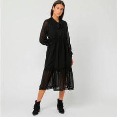 Vestido midi mujer dress outfit gasa transparencias lunares manga larga lazo escote elegante sofisticado ligero negro talla 38 ideal eventos citas urbano cómodo versátil distinguido ✅Entrega 24/48h