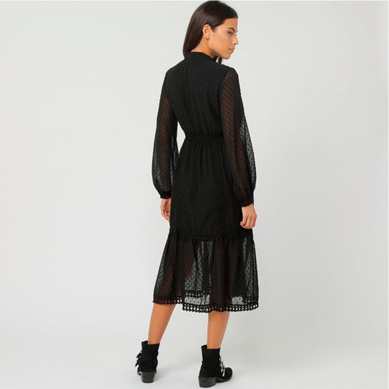Vestido midi mujer dress outfit gasa transparencias lunares manga larga lazo escote elegante sofisticado ligero negro talla 38 ideal eventos citas urbano cómodo versátil distinguido ✅Entrega 24/48h