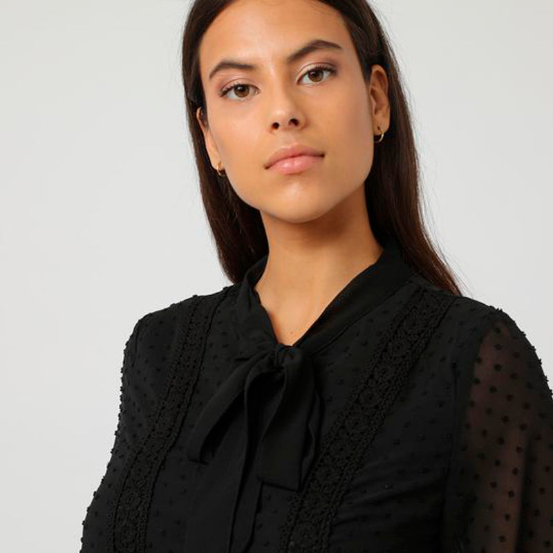 Vestido midi mujer dress outfit gasa transparencias lunares manga larga lazo escote elegante sofisticado ligero negro talla 38 ideal eventos citas urbano cómodo versátil distinguido ✅Entrega 24/48h