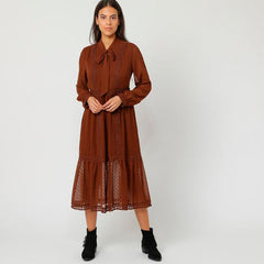 Vestido midi mujer, dress, outfit encaje manga larga lazo elegante textura suave corte fluido sofisticado talla 38 marrón versátil eventos o diario cómodo y femenino ✅Entrega 24/48h