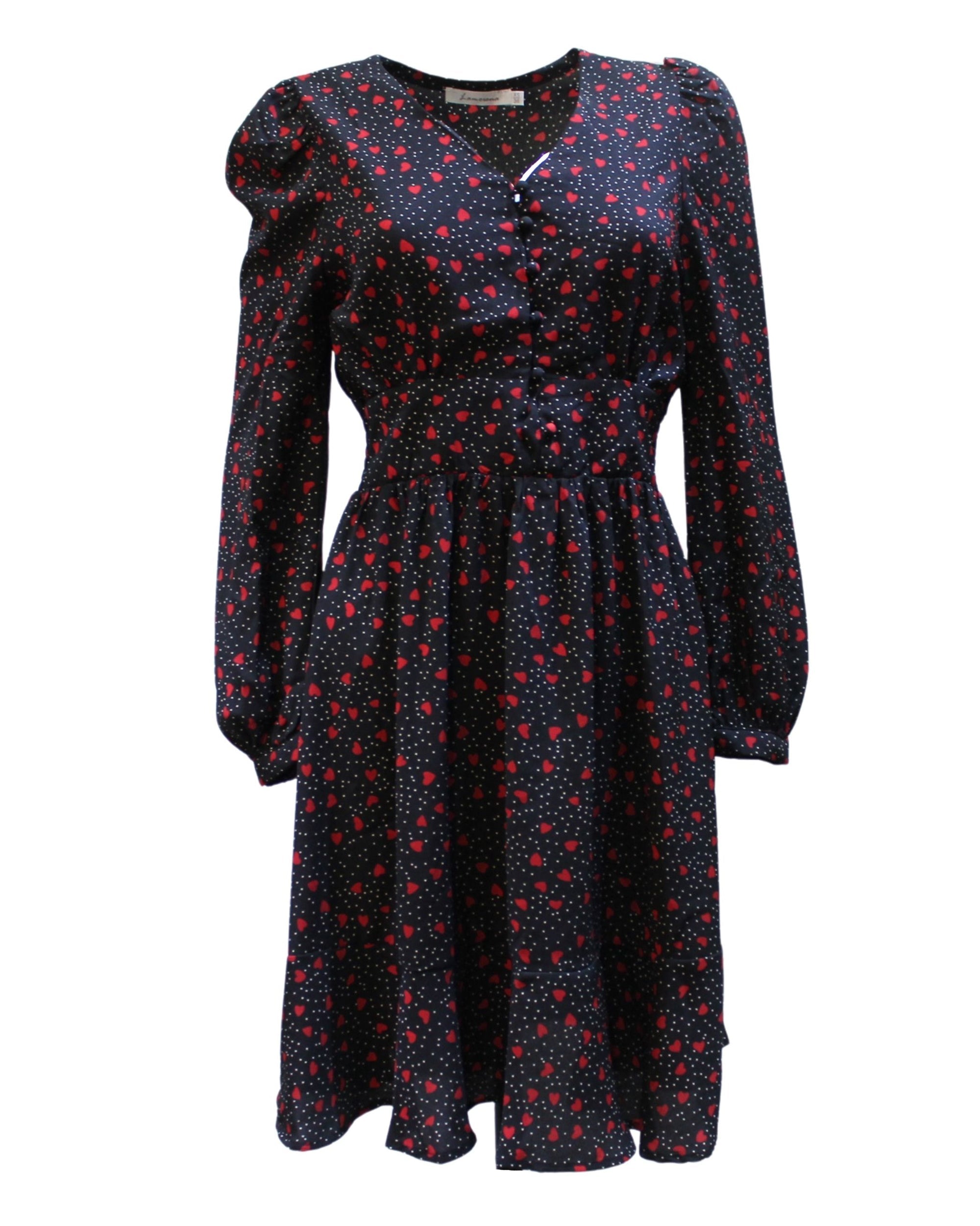 Vestido mujer manga larga, dress corazones, escote pico, cintura entallada, falda vuelo, ideal outfits casuales, color azul marino, talla 36, cómodo y elegante ✅Entrega 24/48h
