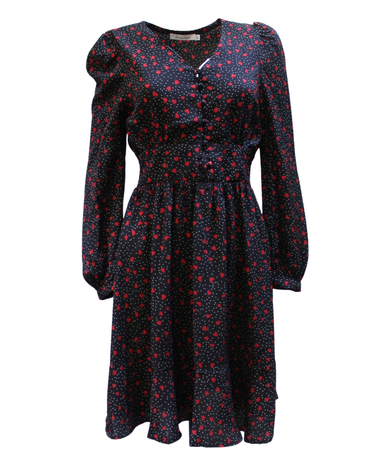 Vestido mujer manga larga, dress corazones, escote pico, cintura entallada, falda vuelo, ideal outfits casuales, color azul marino, talla 36, cómodo y elegante ✅Entrega 24/48h