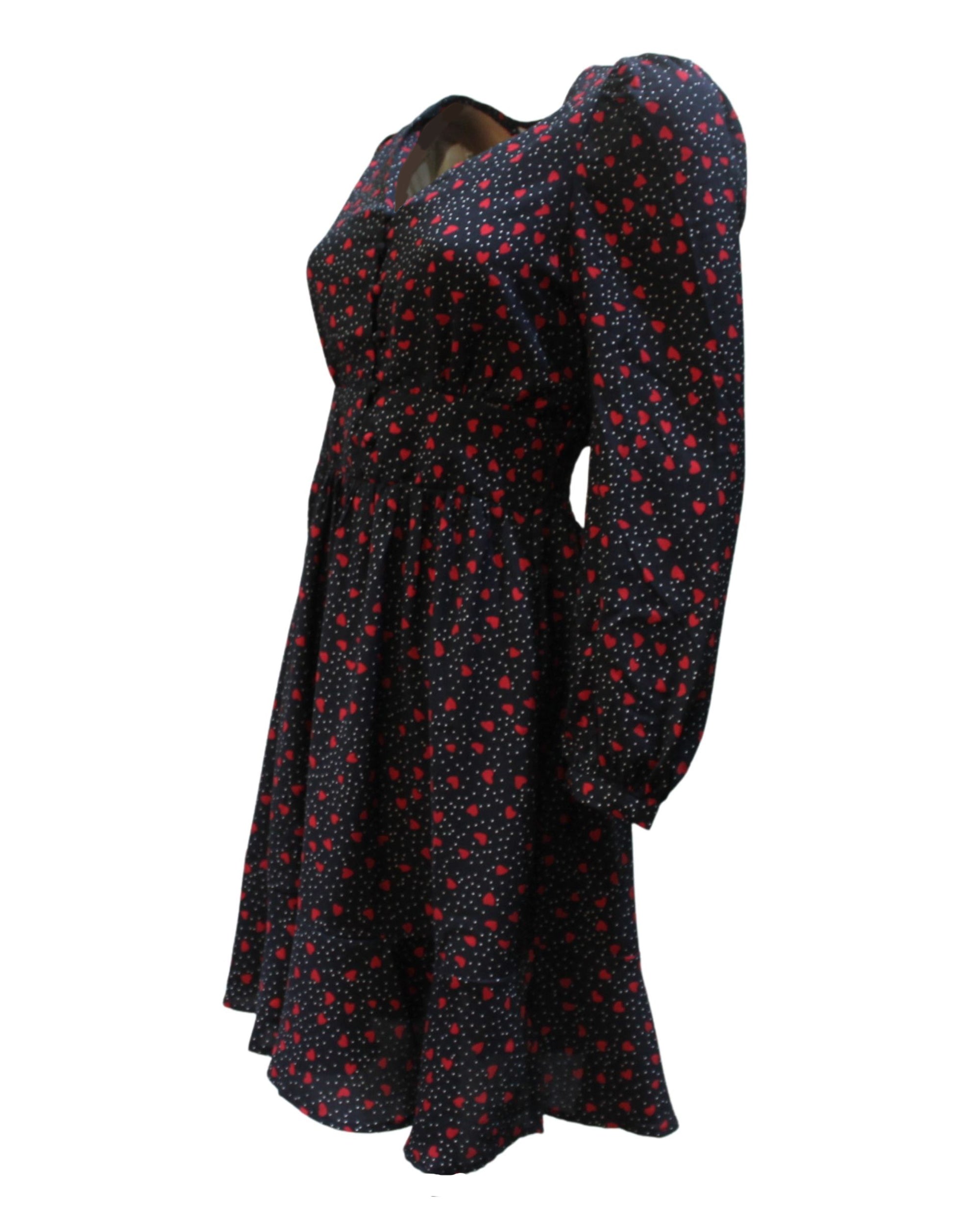 Vestido mujer manga larga, dress corazones, escote pico, cintura entallada, falda vuelo, ideal outfits casuales, color azul marino, talla 36, cómodo y elegante ✅Entrega 24/48h