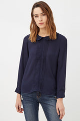 Blusa mujer fluida, shirt, blouse, cuello bebé, manga larga, detalle jaretas, puño abotonado, cierre botón trasero, ligera, elegante, cómoda, talla 40, azul marino, outfit diario, trabajo, versátil ✅Entrega 24/48h