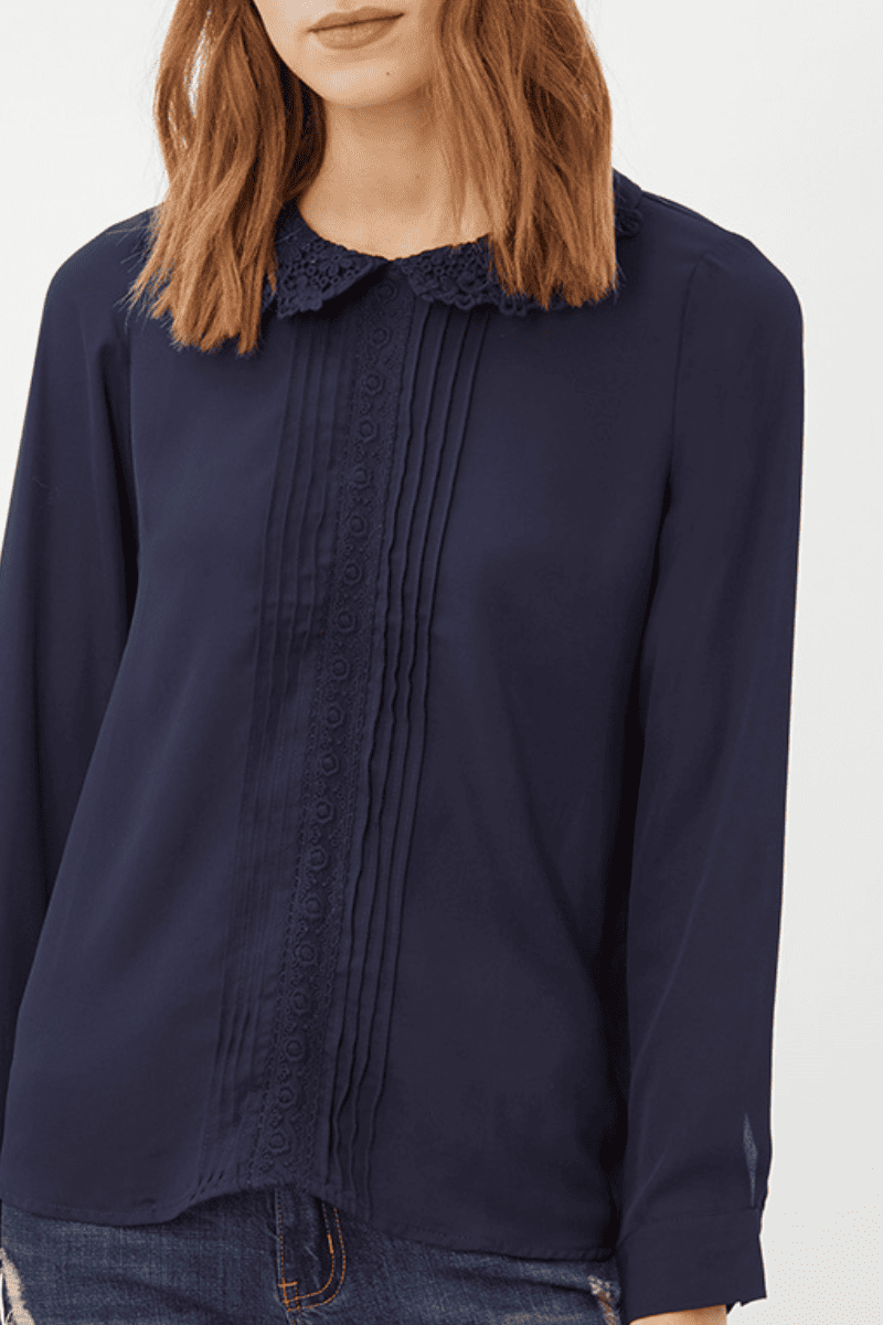 Blusa mujer fluida, shirt, blouse, cuello bebé, manga larga, detalle jaretas, puño abotonado, cierre botón trasero, ligera, elegante, cómoda, talla 40, azul marino, outfit diario, trabajo, versátil ✅Entrega 24/48h