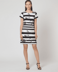 Vestido corto recto, vestido floral, outfit rayas, algodón suave, sin mangas, cuello redondo, estilo casual elegante, estampado blanco y negro, talla 38, ideal oficina eventos, cómodo versátil fresco ✅Entrega 24/48h