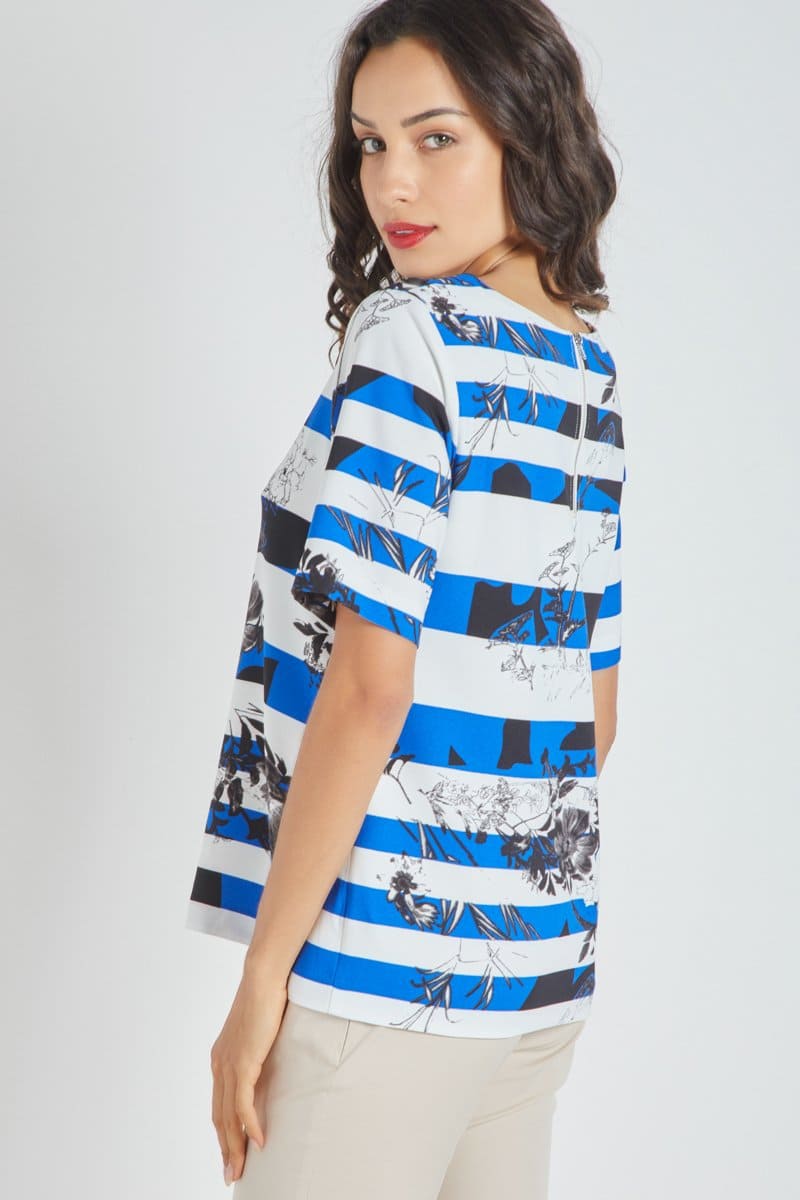 Blusa mujer rayas florales estampadas top corte recto manga corta escote redondo botones decorativos diseño moderno fresca elegante color azul talla 38 cómoda versátil casual ✅Entrega 24/48h