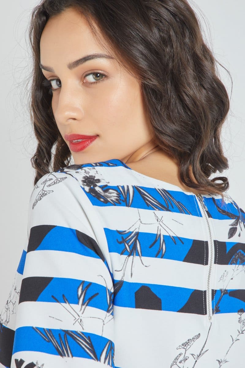 Blusa mujer rayas florales estampadas top corte recto manga corta escote redondo botones decorativos diseño moderno fresca elegante color azul talla 38 cómoda versátil casual ✅Entrega 24/48h