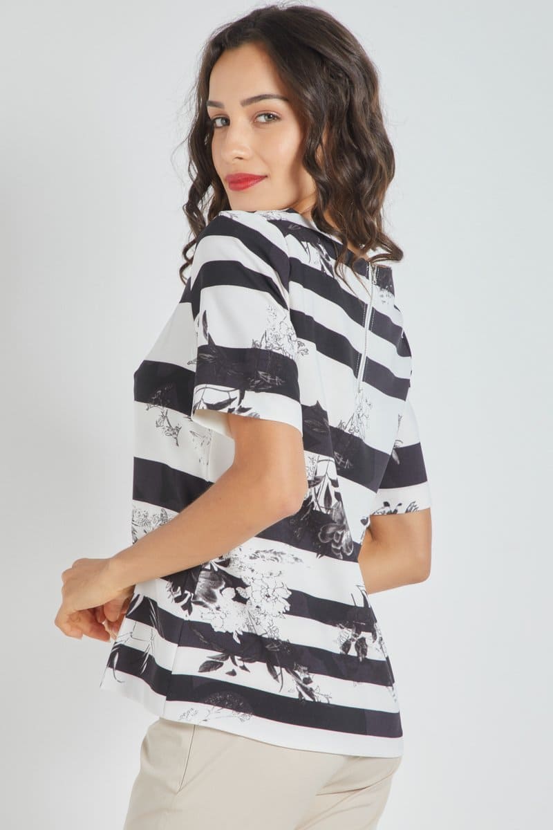 Blusa mujer rayas y flores, camisa casual viscosa, manga corta, escote redondo, corte recto, botones decorativos, cómoda y versátil, talla 38, blanco/negro ✅Entrega 24/48h