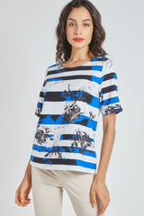 Blusa mujer rayas florales estampadas top corte recto manga corta escote redondo botones decorativos diseño moderno fresca elegante color azul talla 38 cómoda versátil casual ✅Entrega 24/48h