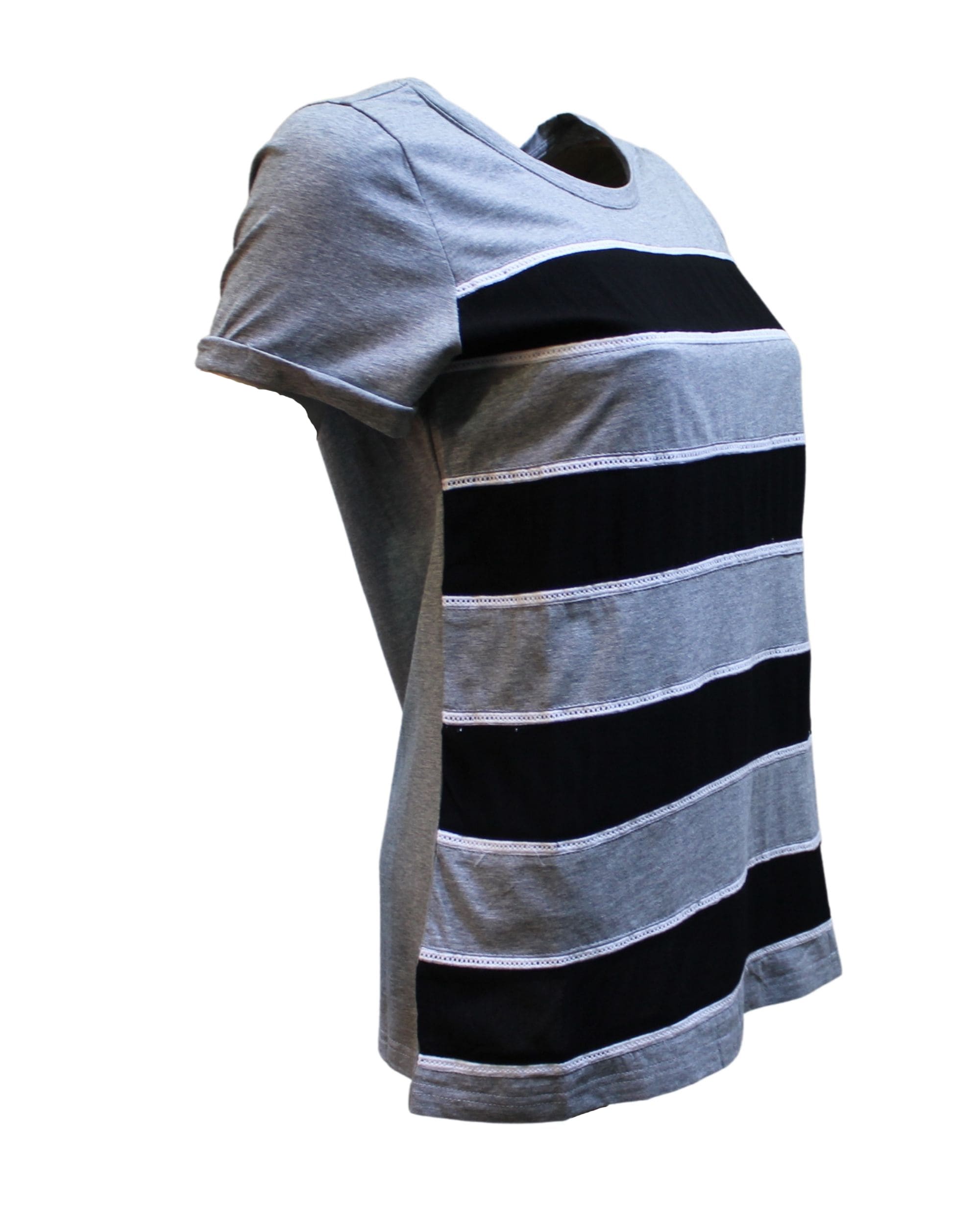 Camiseta Mujer Algodón Rayas, Blusa Casual Cuello Redondo, Manga Corta, Modelo La Morena LA-260040, Estilo Versátil, Cómoda, Talla 38, Color Gris/Negro ✅Entrega 24/48h