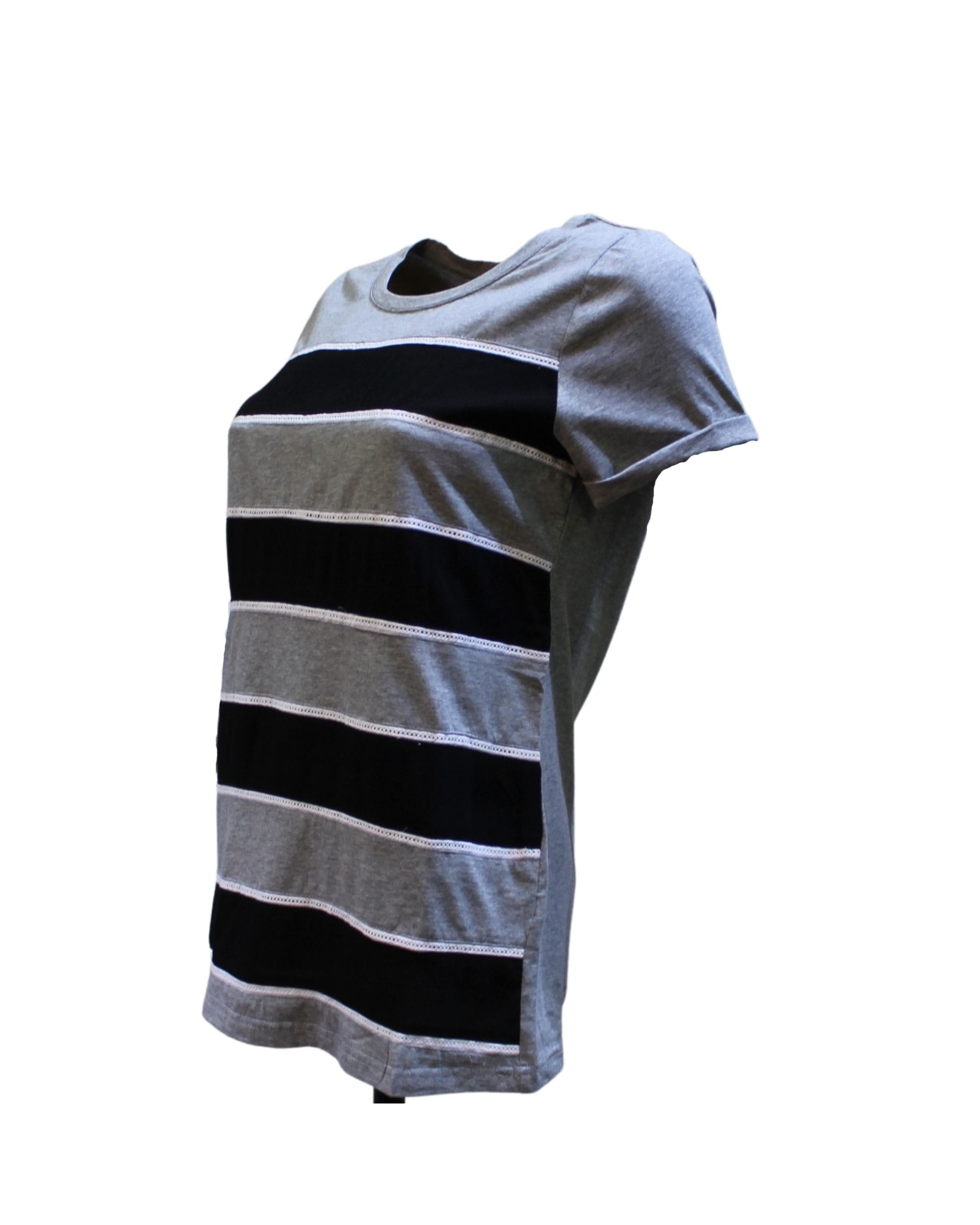 Camiseta Mujer Algodón Rayas, Blusa Casual Cuello Redondo, Manga Corta, Modelo La Morena LA-260040, Estilo Versátil, Cómoda, Talla 38, Color Gris/Negro ✅Entrega 24/48h