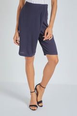 Bermuda mujer, short elegante, efecto falda delantera, tiro alto, corte recto, bolsillos laterales, cierre cremallera y botón, color azul, talla 38, cómodo versátil elegante ✅Entrega 24/48h