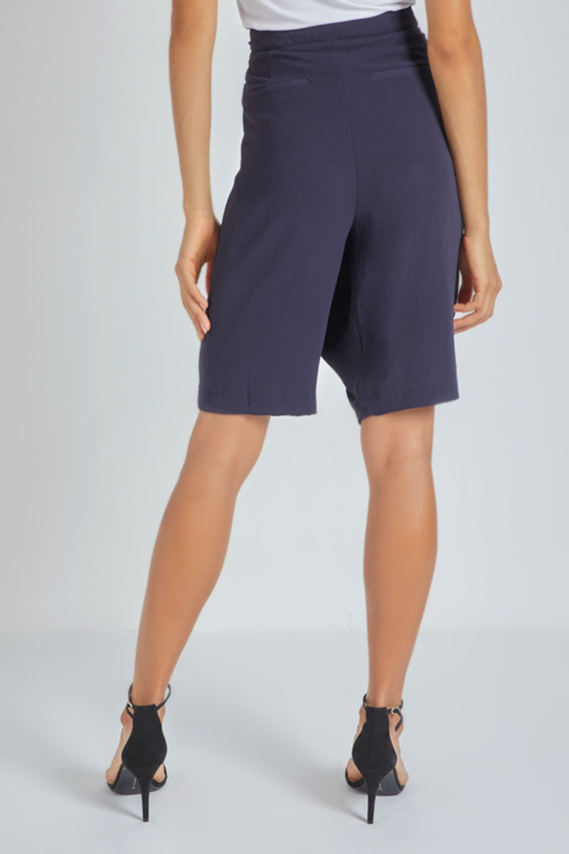 Bermuda mujer, short elegante, efecto falda delantera, tiro alto, corte recto, bolsillos laterales, cierre cremallera y botón, color azul, talla 38, cómodo versátil elegante ✅Entrega 24/48h