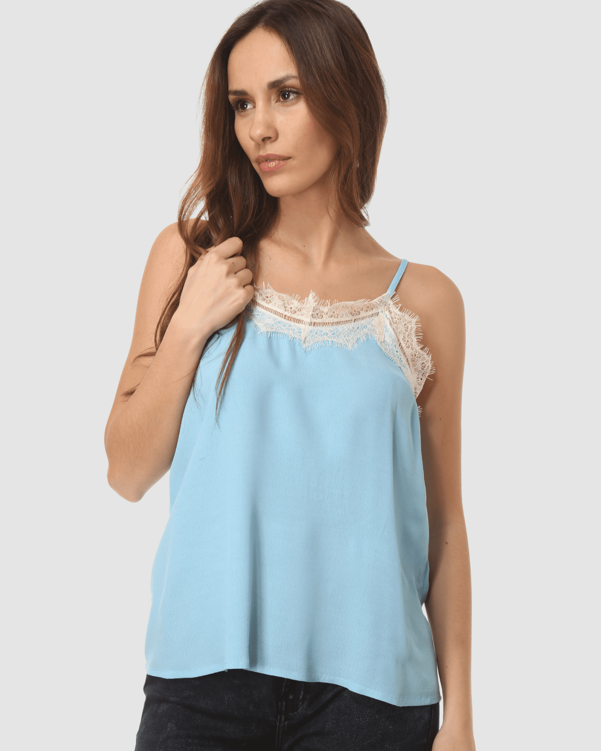 Top lencero mujer, blusa encaje, tirantes finos, ajuste botones traseros, diseño elegante, cómodo, versátil, corte recto, azul claro, talla 36, ideal verano, moda casual y sofisticada ✅Entrega 24/48h