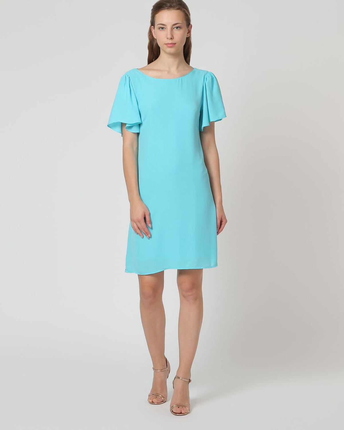 Vestido mujer gasa liso dress outfit modelo manga mariposa escote redondo forro interior detalle tiras espalda azul celeste talla 38 elegante cómodo versátil ideal eventos casuales y verano ✅Entrega 24/48h